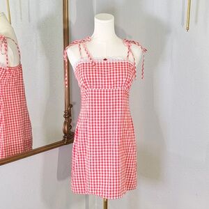 Picniccore Petal Dew Gingham Tiered Mini Dress S Coquette Red White Tie Shoulder